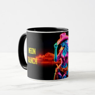 Mug Neon imaginaire cowgirl dans le cadre d'un ranch b