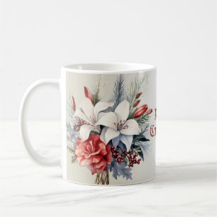 Mug Noël Blanc Fleurs Rouges Vacances Élégant