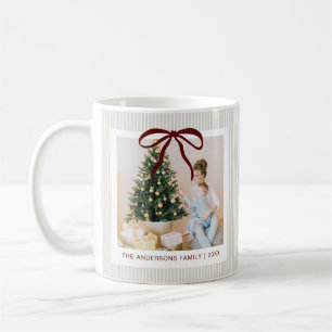 Mug Noël Classique Rayures Beige Ruban Rouge