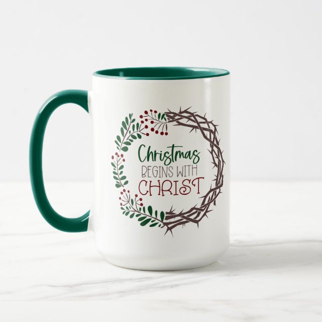 Mug NOËL COMMENCE AVEC Écriture CHRIST Wreath Green (Gauche)