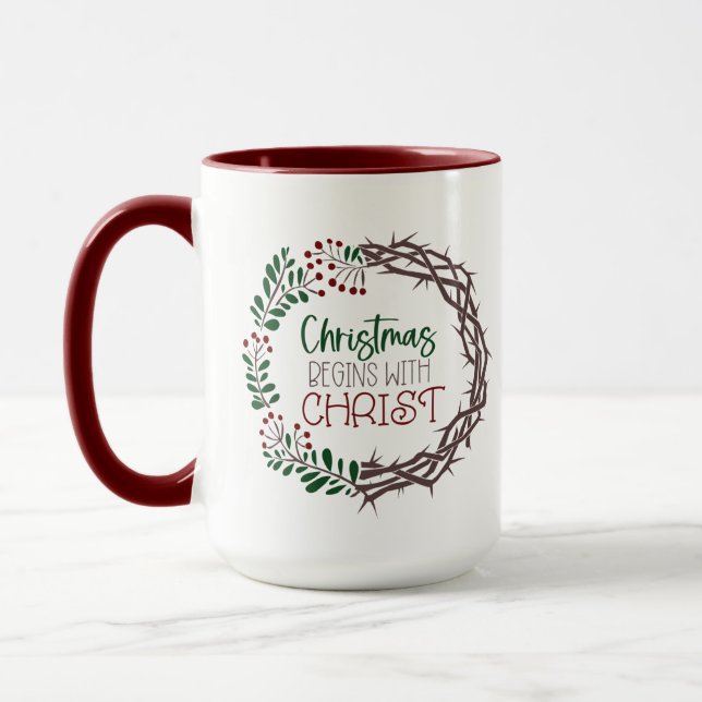 Mug NOËL COMMENCE AVEC L'Écriture CHRIST Wreath Red (Gauche)