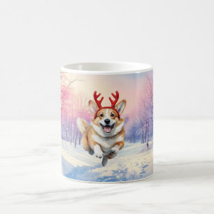 Mug Noël Corgi Reindeer cornes paysage enneigé