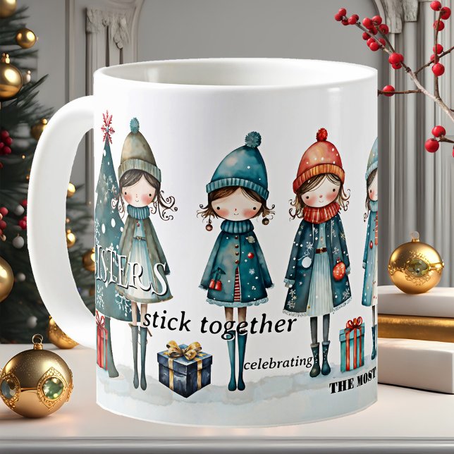 Mug Noël des soeurs de filles Whimsical (Mug with a whimsical illustration of cute girls and Christmas trees with gifts - sisters - besties)