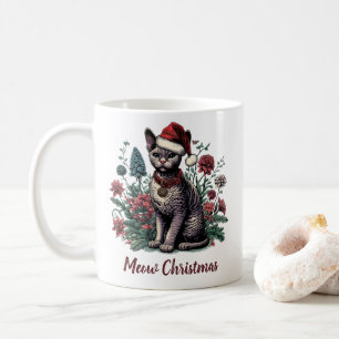 Mug Noël Devon Rex Chat : Chapeau et Fleurs de Noël