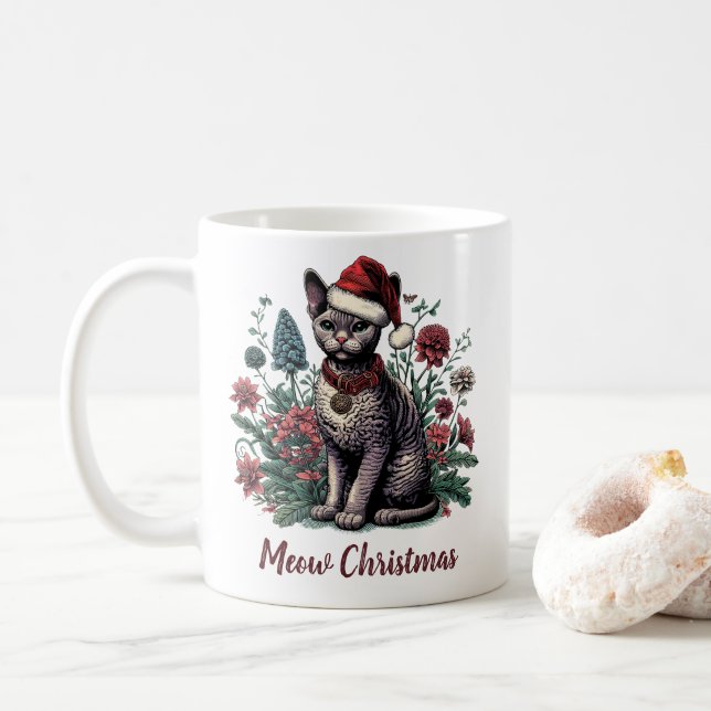 Mug Noël Devon Rex Chat : Chapeau et Fleurs de Noël (Avec donut)