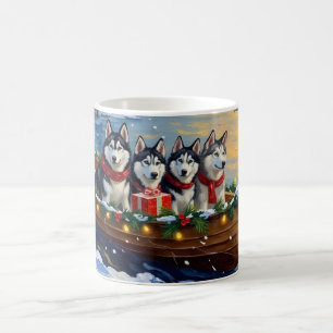 Mug Noël en bateau avec un Malamute d'Alaska