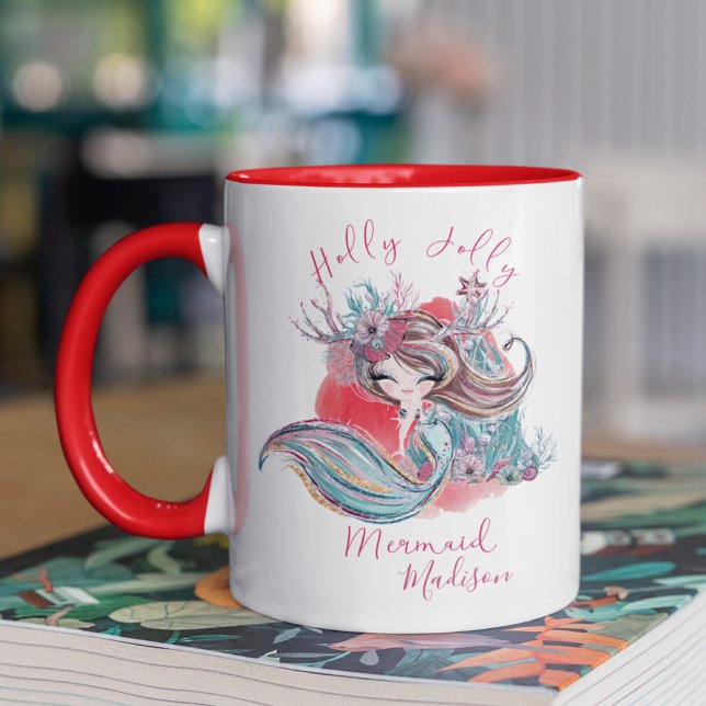 Mug Noël Mignonne Fille Sirène Nom personnalisé (Créateur téléchargé)