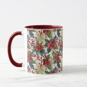 Mug Noël motif de poinsettia et de houx à l'aquarelle