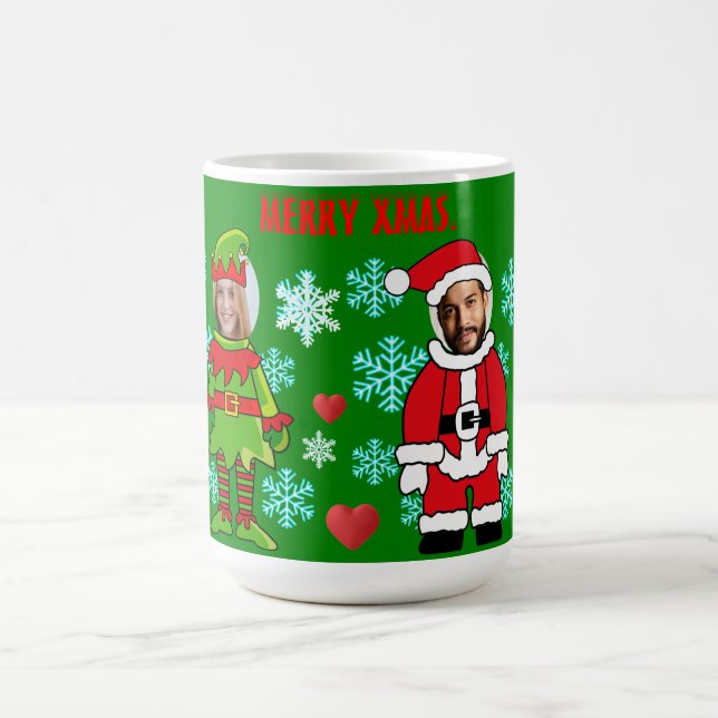 Mug Noël personnalisé. visage coupé Père Noël et Elf (Centre)