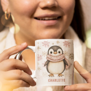 Mug Noël Pingouin d'hiver rose mignon personnalisé