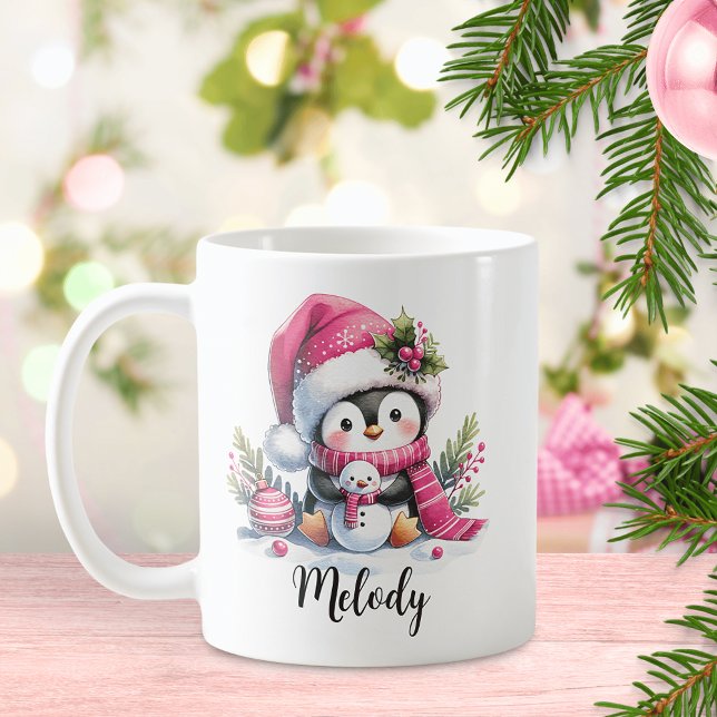Mug Noël Pingouin Rose Cute Personnalisé (Créateur téléchargé)