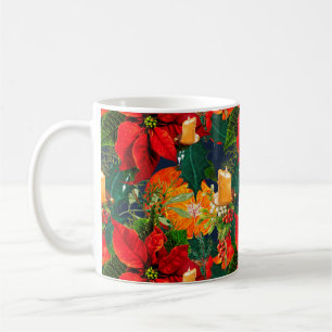 Mug Noël, poinsettia, bougies, fête, mistletoe,