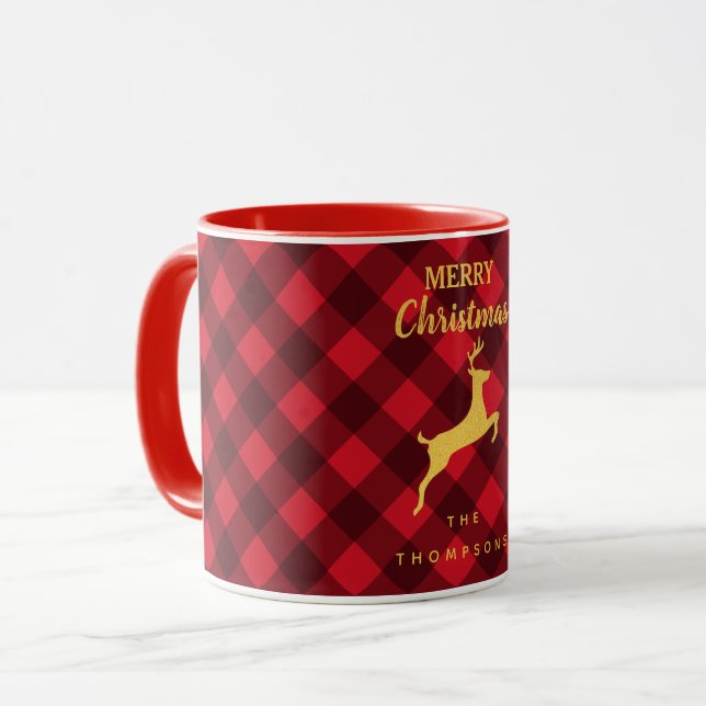 Mug Noël Rouge Buffle noir Plaid Reindee Famille (Devant gauche)