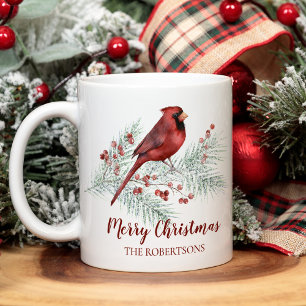 Mug Noël Rouge Cardinal Pin d'hiver Aquarelle