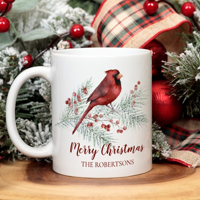 Mug Noël Rouge Cardinal Pin d'hiver Aquarelle (Créateur téléchargé)