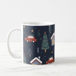 Mug Noël sans couture motif avec arbre de Noël, voitur