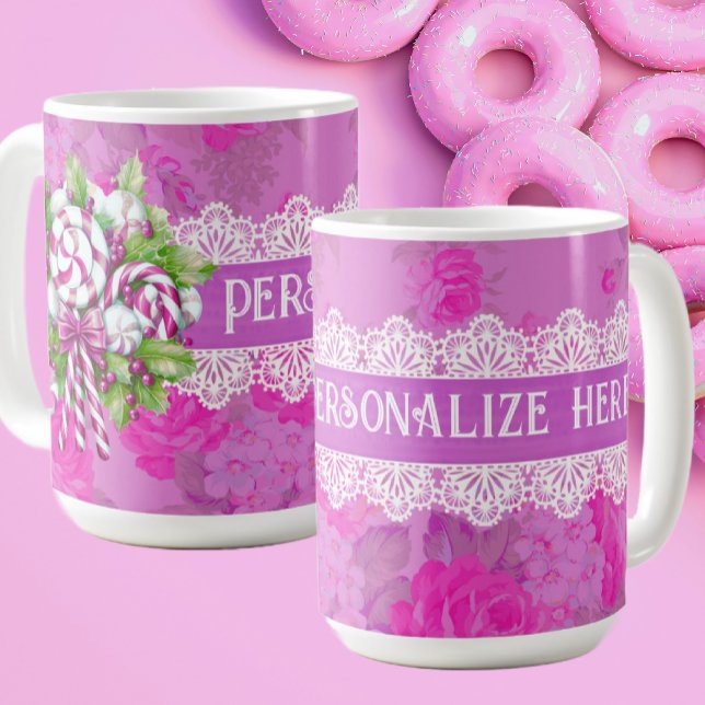 Mug Noël sucré rose et violet personnalisé (Personalize this mug with a loved one's name!)