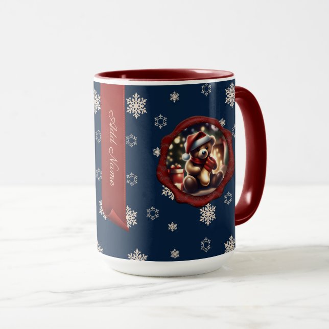 Mug Noël Teddy Stocker Bannière personnalisée Bleu (Devant droit)