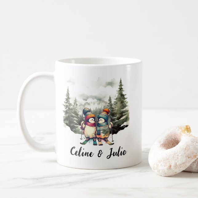 Mug Noël Vacances Rustique Ski Pingouin Rouge Vert (Avec donut)