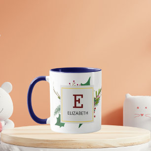 Mug Noël Vert Élégant Rouge Monogramme Bleu