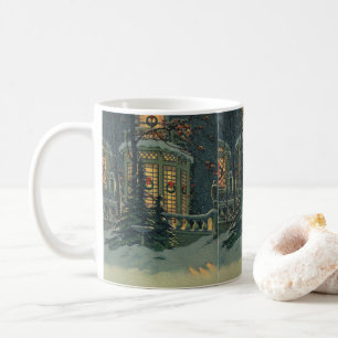 Mug Noël vintage, maison aux couronnes dans les fenêtr