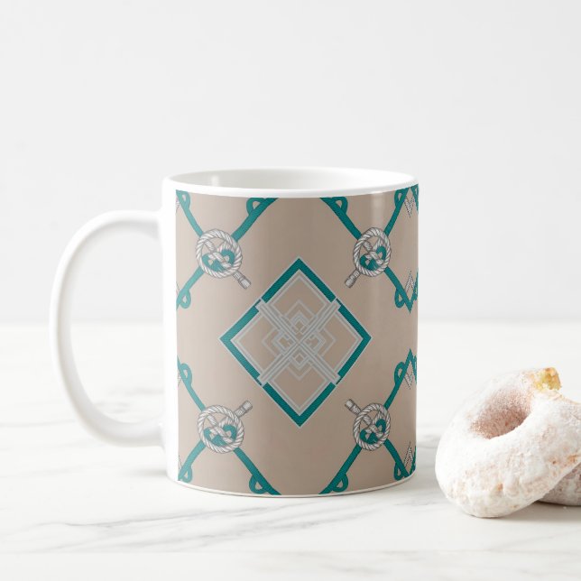 Mug Noeud Diamant Nautique Turquoise, Beige, Blanc (Avec donut)