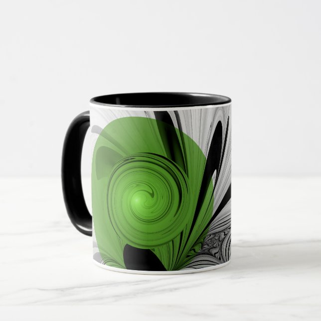 Mug Noir Abstrait et blanc avec art fractal vert (Devant gauche)