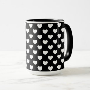 Mug Noir aux Coeurs Blancs Polka Dot Motif