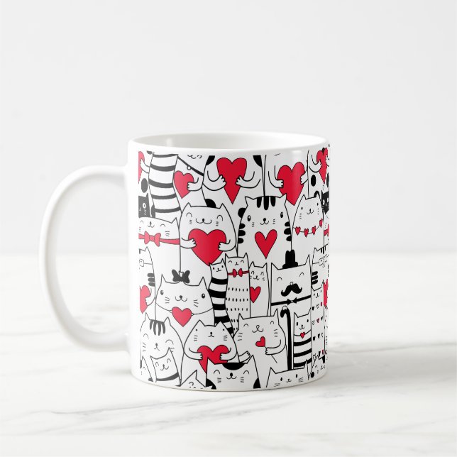 Mug Noir Blanc Cute Chat Coeur Rouge (Gauche)