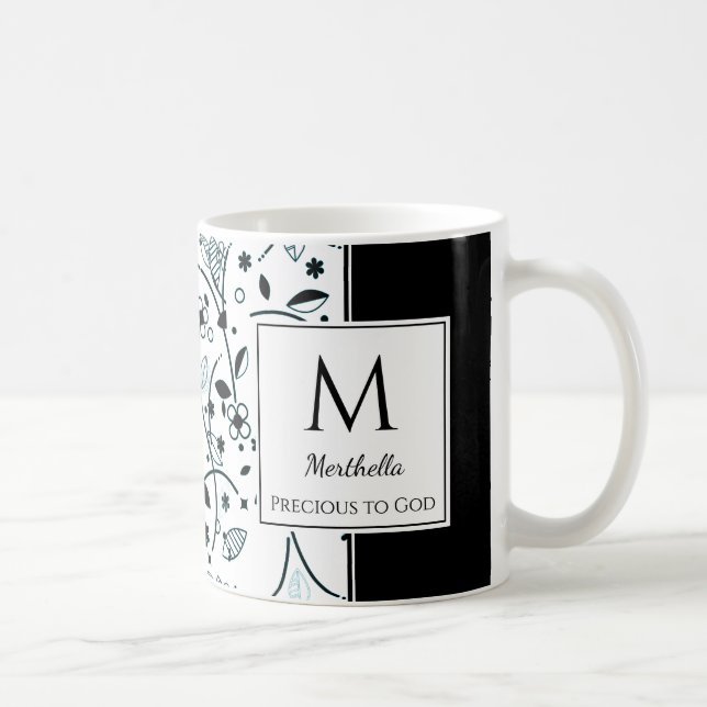 Mug Noir Blanc Floral Personnalisé PRÉCIEUX POUR DIEU (Droite)