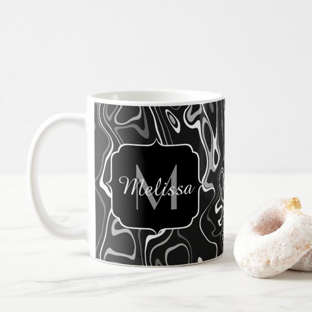 Mug Noir blanc gris damas tourbillons abstraits Monogr (Avec donut)