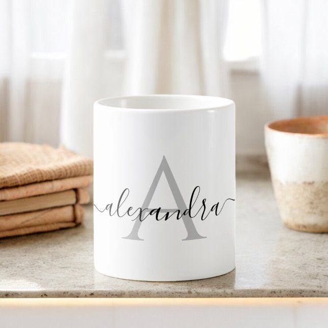 Mug Noir blanc Nom initial Monogramme Élégant Script (Créateur téléchargé)