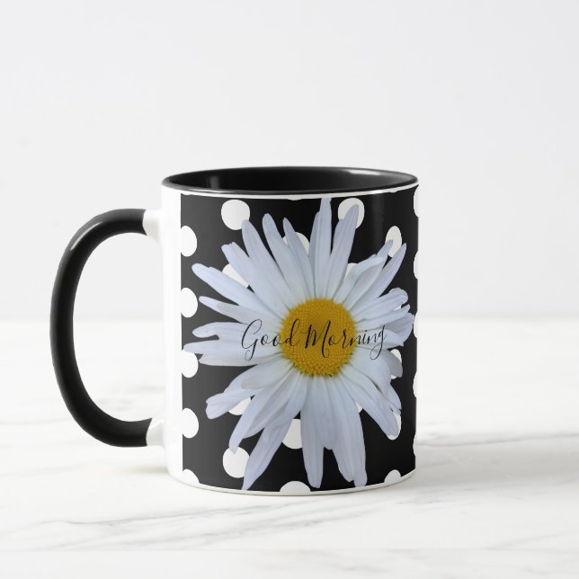 Mug Noir Chic Blanc Pois Daisy Personnalisé (Gauche)