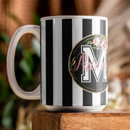 Mug noir et blanc Grilles rose Floral monogramme