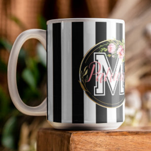 Mug noir et blanc Grilles rose Floral monogramme