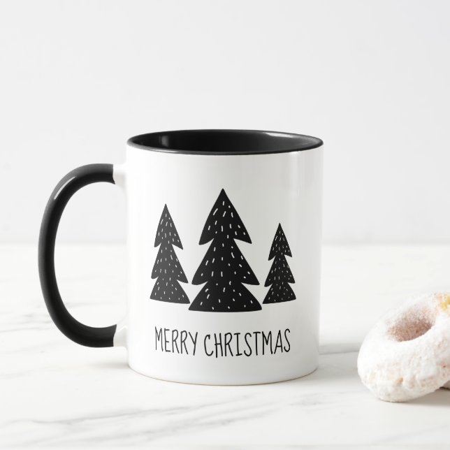 Mug Noir et blanc Joyeux Noël Whimsical Woodland (Avec donut)