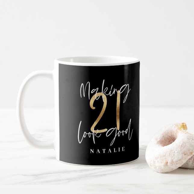 Mug Noir et or 21e anniversaire script moderne design (Avec donut)