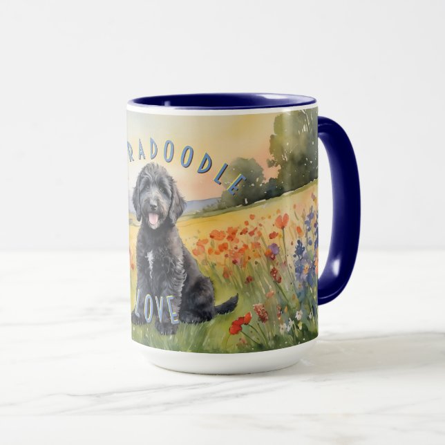 Mug Noir Labradoodle Chiot, Sunrise Personnalisable (Devant droit)