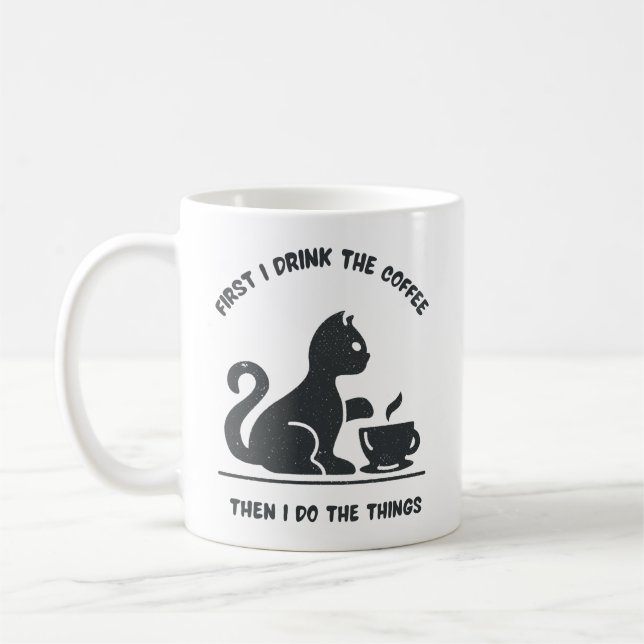 Mug noir moderne première boisson chat drôle texte (Gauche)
