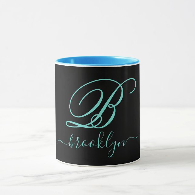 Mug Noir moderne Turquoise manuscrit Monogramme (Centre)