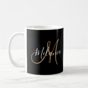Mug Noir Monogramme Or élégant Nom de script élégant