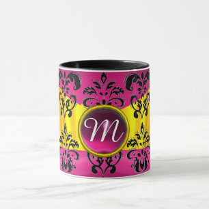 MUG NOIR ROSE OR FUCHSIA DAMASK MONOGRAMME DE STONE