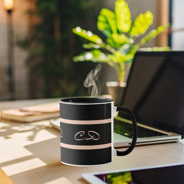 Mug Noir rose or monogramme initiales élégant script (Créateur téléchargé)