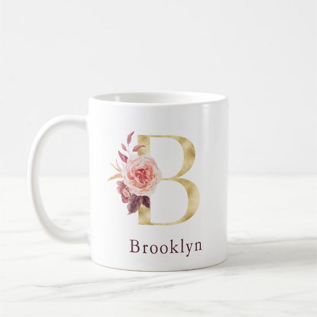 Mug Nom Bourgogne et monogramme floral rose Lettre B C (Gauche)