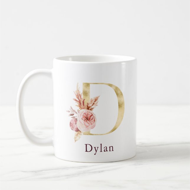 Mug Nom Bourgogne et monogramme floral rose Lettre D (Gauche)