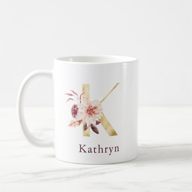 Mug Nom Bourgogne et monogramme floral rose Lettre K (Gauche)