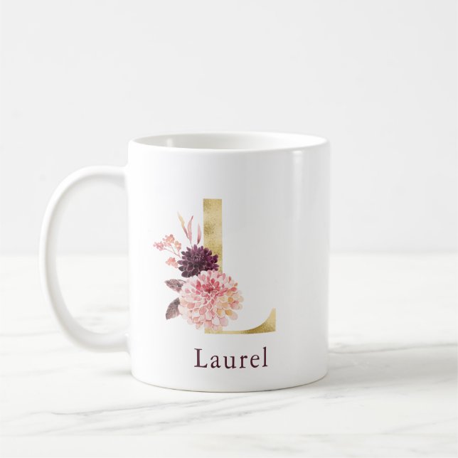 Mug Nom Bourgogne et monogramme floral rose Lettre L (Gauche)