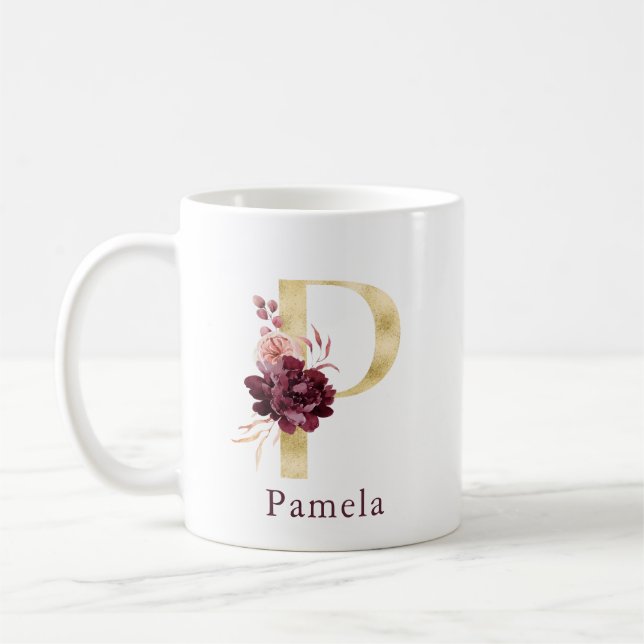 Mug Nom Bourgogne et monogramme floral rose Lettre P (Gauche)