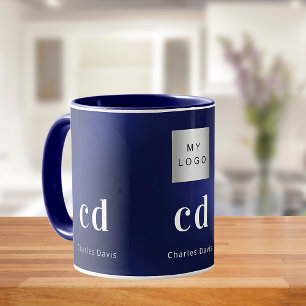 Mug Nom commercial bleu marine monogramme blanc nom
