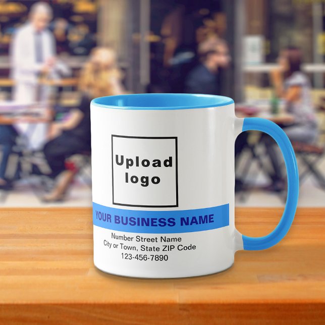 Mug Nom commercial en surbrillance sur la boue combo b (Your business name with highlight, logo, address and phone number on light blue combo mug.)